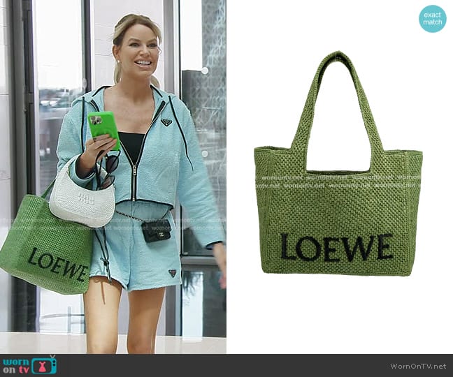 Loewe Raffia Logo Tote Bag in Green worn by Caroline Stanbury (Caroline Stanbury) on The Real Housewives of Dubai