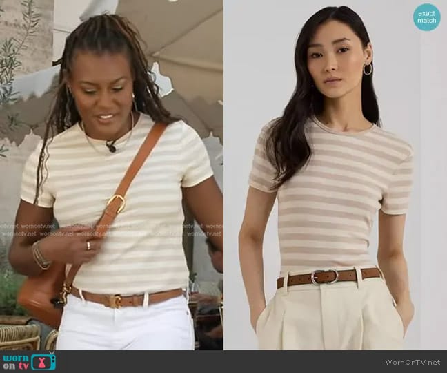 Lauren Ralph Lauren Striped Crewneck Tee in Sand worn by Janai Norman on Good Morning America