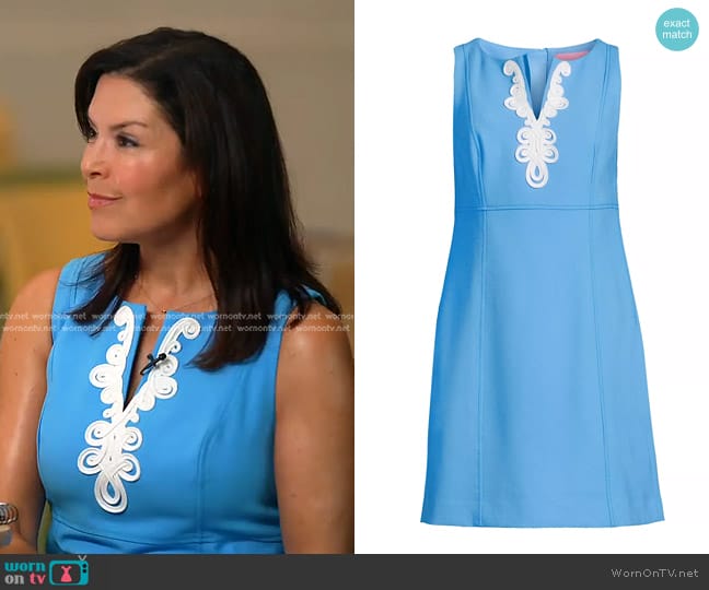 Lilly Pulitzer Trini Embroidered Sleeveless Minidress in Lunar Blue worn by Meg Oliver on CBS Evening News