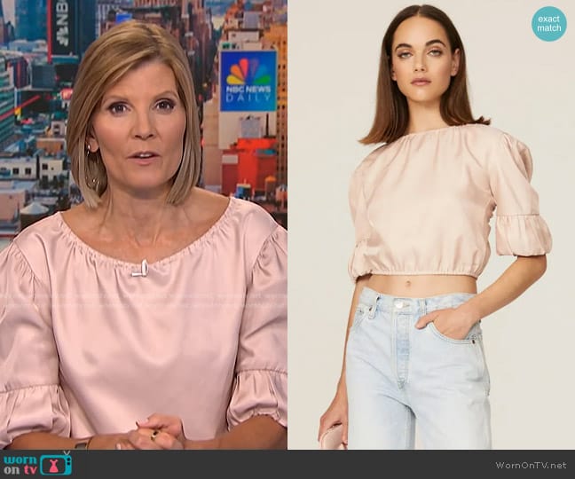 Love, Whit by Whitney Port Open Back Crop Top in Pink worn by Kate Snow on NBC News Daily