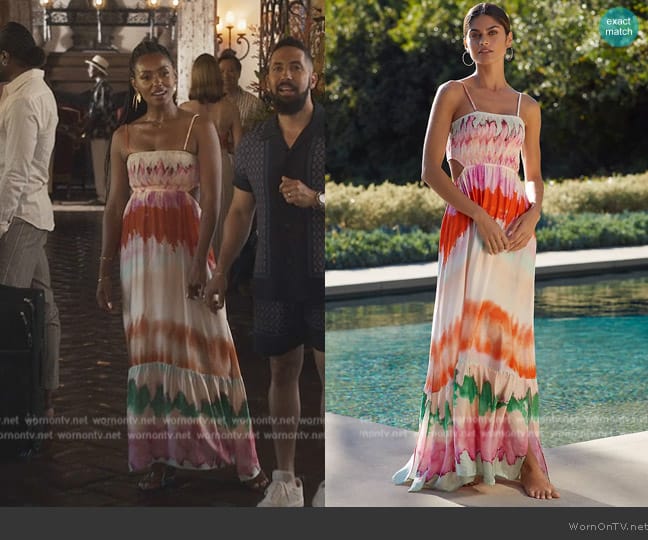 Maaji Natasha Strapless Smocked Midi Dress worn by Tiana (Melanie Liburd) on Bel-Air