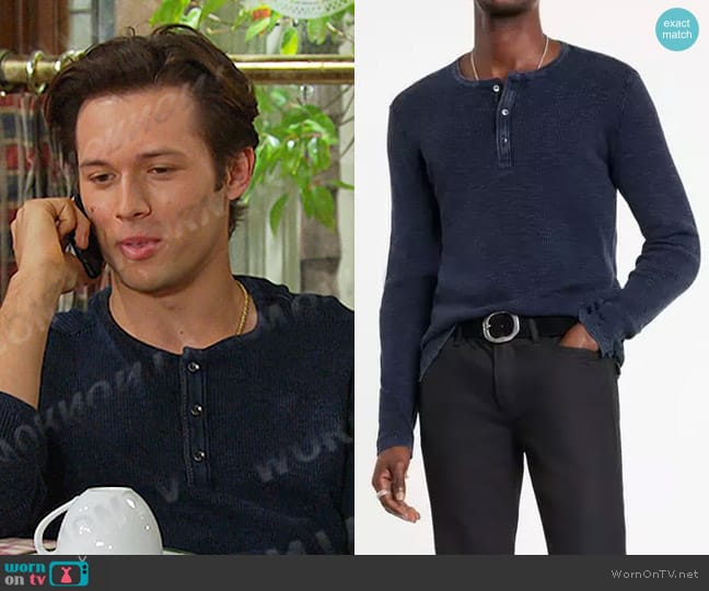 John Varvatos Memphis Waffle Henley in Navy worn by Tate (Leo Howard) on Days of our Lives