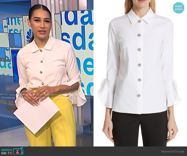 Michael Kors Ruffle Cuff Jeweled Button Blouse worn by Morgan Radford on NBC News Daily