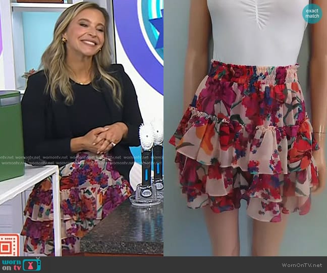 Misa Los Angeles Tiered Ruffle Trim Floral Print Mini Skirt worn by Jenn Falik on Today