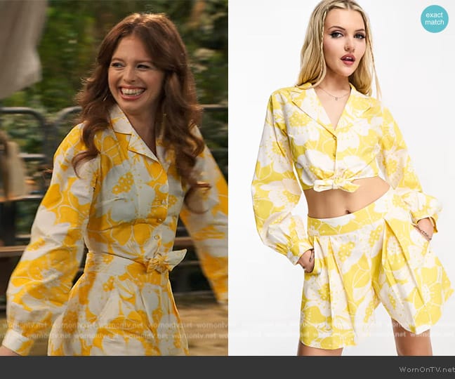 Miss Selfridge Poplin tie front shirt in yellow tropical worn by Victoria Vance ( Jordan Clark) on Bunkd