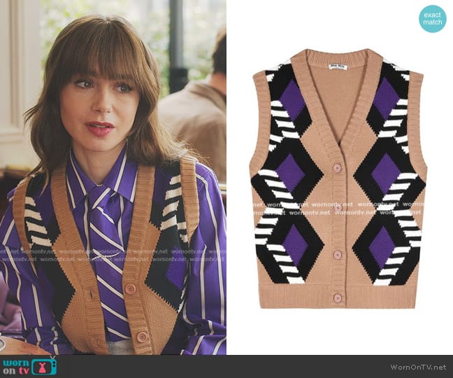 Miu Miu Wool Sweater Vest worn by Emily Cooper (Lily Collins) on Emily in Paris