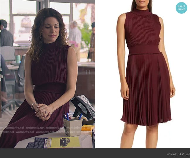 Nanette Lepore  Solid Pleated Dress worn by Amanda Larusso (Courtney Henggeler) on Cobra Kai