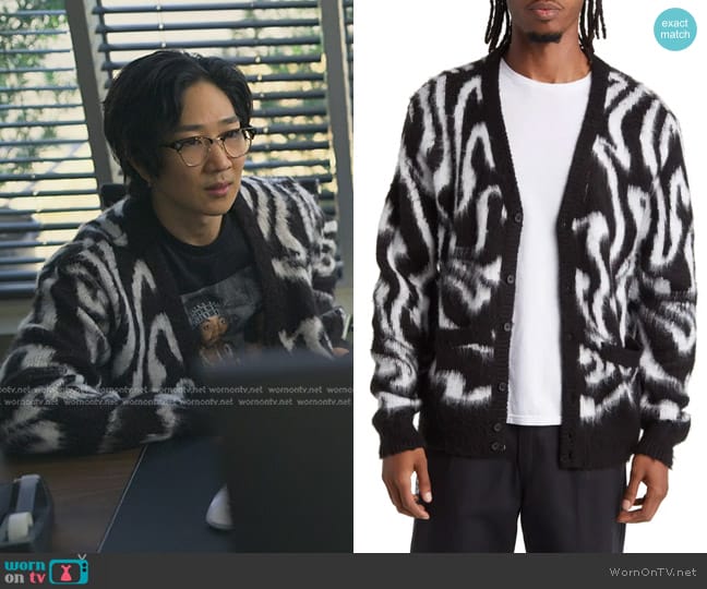 Obey Pally Swirl Cardigan worn by Daniel Kim (Tim Jo) on Reasonable Doubt