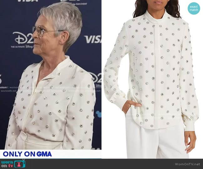 Oscar de la Renta Silk-Blend Crystal-Embellished Blouse in Ivory worn by Jamie Lee Curtis on Good Morning America