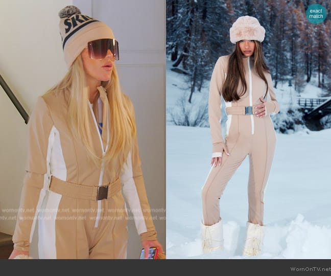 Pretty Little Thing SKI Beige Belted Fitted Scuba Suit worn by Jennifer Pedranti on The Real Housewives of Orange County