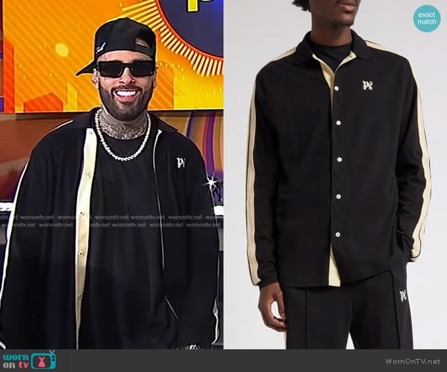 Palm Angels Monogram Linen Button-Up Polo Track Shirt in Black Off worn by Nicky jam on Good Morning America