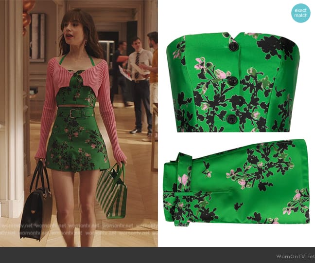 Philosophy di Lorenzo Floral Print Bustier Top worn by Emily Cooper (Lily Collins) on Emily in Paris