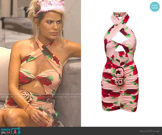 Magda Butrym Halterneck Floral Minidress worn by Caroline Stanbury (Caroline Stanbury) on The Real Housewives of Dubai