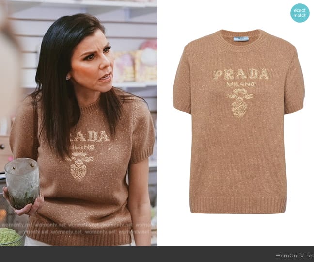 Prada Wool Cashmere And Lamé Crew-Neck Sweater worn by Heather Dubrow on The Real Housewives of Orange County