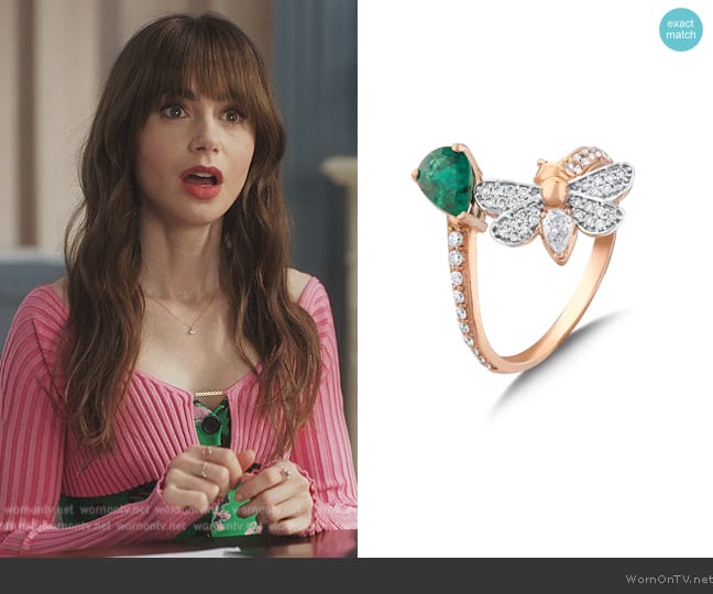 Queen Bee Melissa Gold Diamond Emerald Ring by Bee Goddess worn by Emily Cooper (Lily Collins) on Emily in Paris