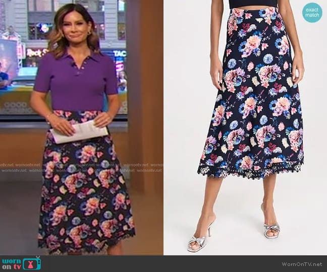 Rabanne Floral Skirt in Navy Neon Flowers worn by Rebecca Jarvis on Good Morning America