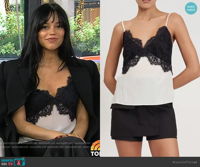 Rebecca Minkoff Lace Trim Silk Camisole in Philo worn by Jenna Ortega on Today