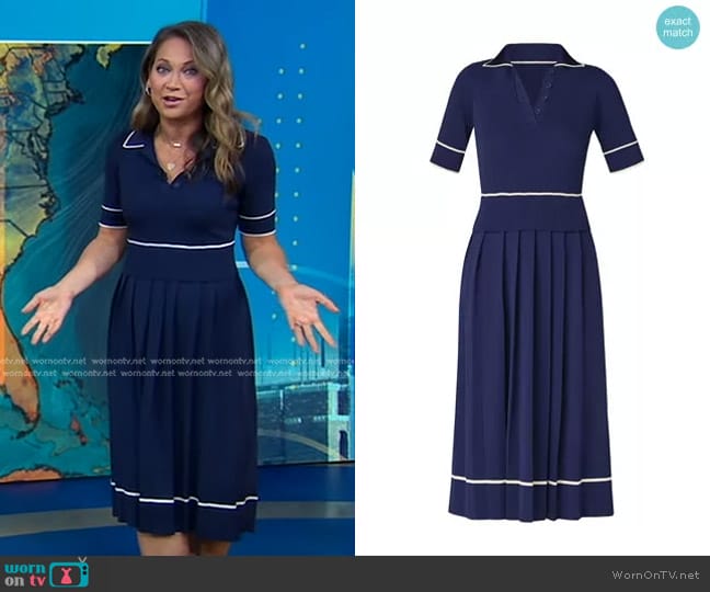 Shoshanna Riley Knit Short-Sleeve Midi-Dress in Navy worn by Ginger Zee on Good Morning America