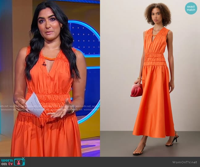 Roksanda Collective Smocked Waist Maxi Dress in Orange worn by Reena Roy on Good Morning America