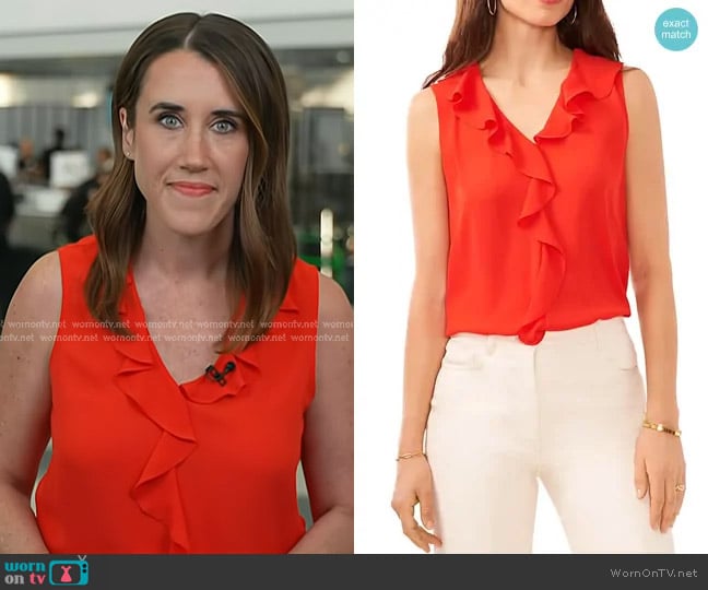 Vince Camuto Ruffle Neck Sleeveless Georgette Blouse in Firey Red worn by Maggie Vespa on Today