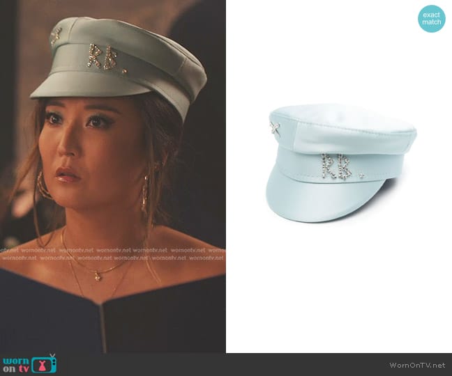 Ruslan Baginskiy Crystal-appliqués Satin Breton Hat worn by Mindy Chen (Ashley Park) on Emily in Paris