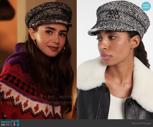 Ruslan Baginskiy Herringbone Newsboy Cap worn by Emily Cooper (Lily Collins) on Emily in Paris