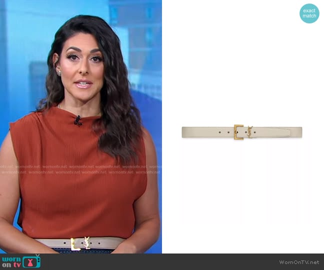 Saint Laurent Cassandre Belt with Square Buckle in Crema Soft worn by Erielle Reshef on Good Morning America