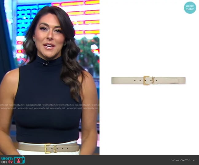 Saint Laurent Cassandre Belt with Square Buckle in Crema Soft worn by Erielle Reshef on Good Morning America