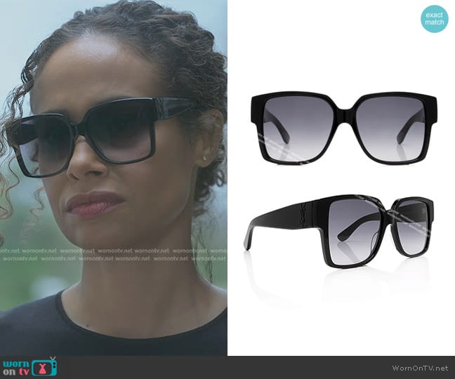 Saint Laurent Square M9N Sunglasses worn by Shanelle Tucker (Shannon Kane) on Reasonable Doubt