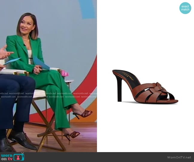 Saint Laurent Tribute Mule Sandals in Toffee worn by Eva Pilgrim on Good Morning America