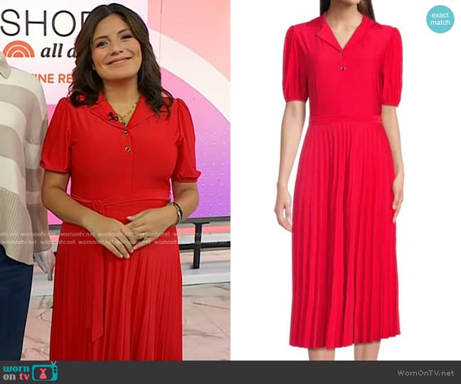 Sharagano Accordion Pleated Midi Dress in Pure Red worn by Adrianna Barrionuevo Brach on Today