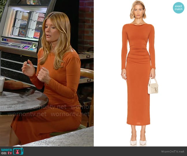 Significant Other Posie Midi Dress in Rust worn by Phyllis Summers (Michelle Stafford) on The Young and the Restless