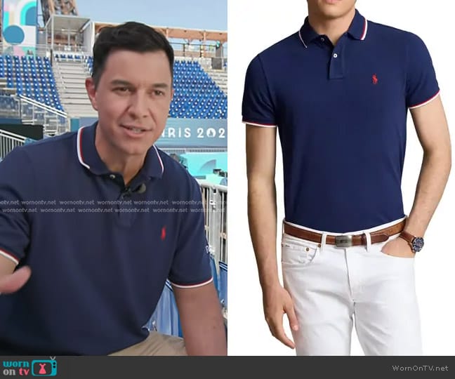 Polo Ralph Lauren Solid Cotton Polo Shirt in Navy worn by Tom Llamas on Today