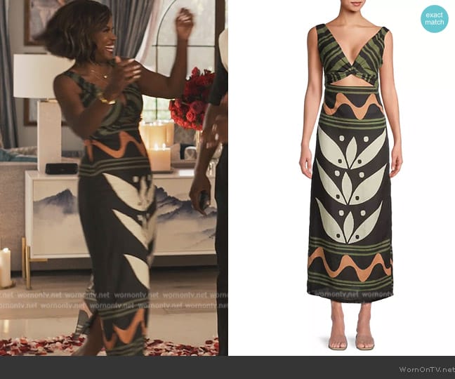 Cala de la Cruz Sonne Simone Printed Linen Midi-Dress worn by Vivian Banks (Cassandra Freeman) on Bel-Air