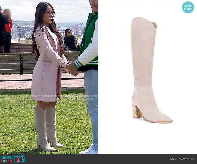 Steve Madden Bixby Boot in Sand Suede worn by Jenn Tran on The Bachelorette