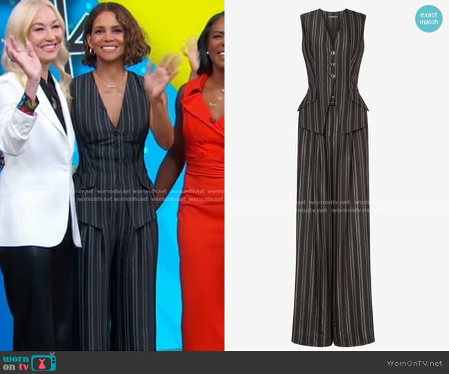 Alberta Ferretti Striped Viscose Knit Jumpsuit in Dark Grey worn by Halle Berry on Good Morning America