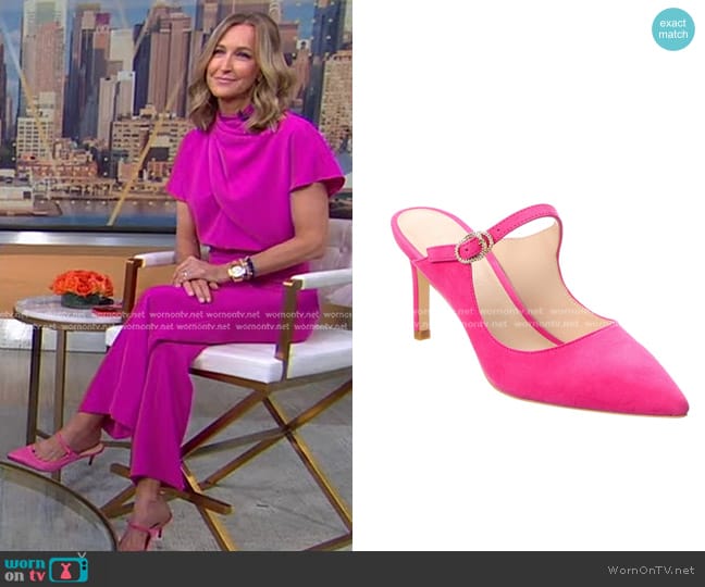 Stuart Weitzman Crystal Buckle 75 Suede Mule worn by Lara Spencer on Good Morning America