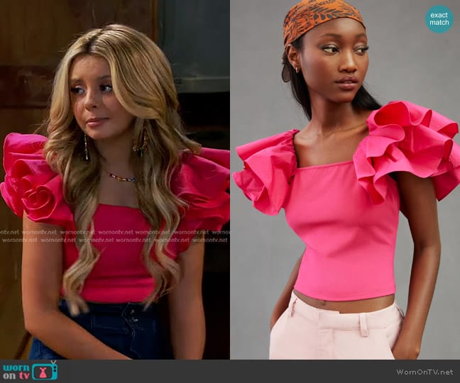 Sunday in Brooklyn Square-Neck Flutter Sleeve Top in Pink worn by Destiny Baker (Mallory James Mahoney) on Bunkd