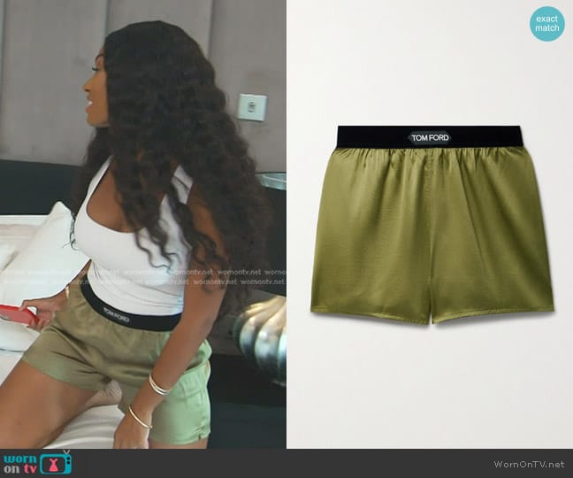 Tom Ford Velvet-trimmed Stretch-silk Satin Shorts in Green worn by Lesa Milan (Lesa Milan) on The Real Housewives of Dubai