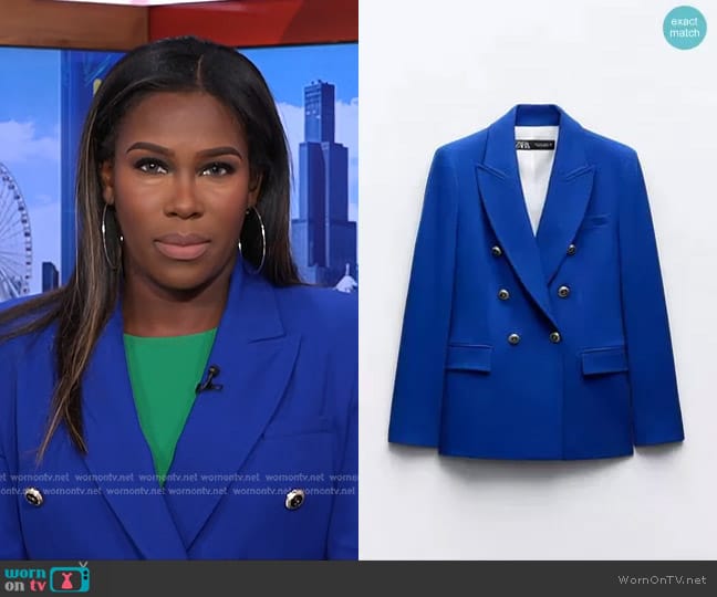 Zara Tailored Double Breasted Blazer in Bluish worn by Adrienne Broaddus on NBC News Daily