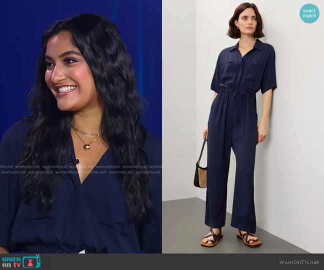 Thakoon Collective Short Sleeve Jumpsuit in Navy worn by Reena Roy on Good Morning America