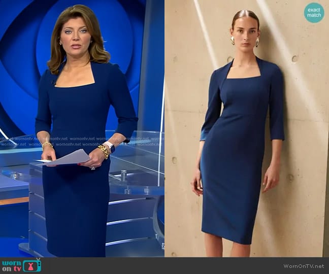 The Fold Nouvelle Dress in Indigo Blue Sculpt Stretch Crepe worn by Norah O'Donnell on CBS Evening News