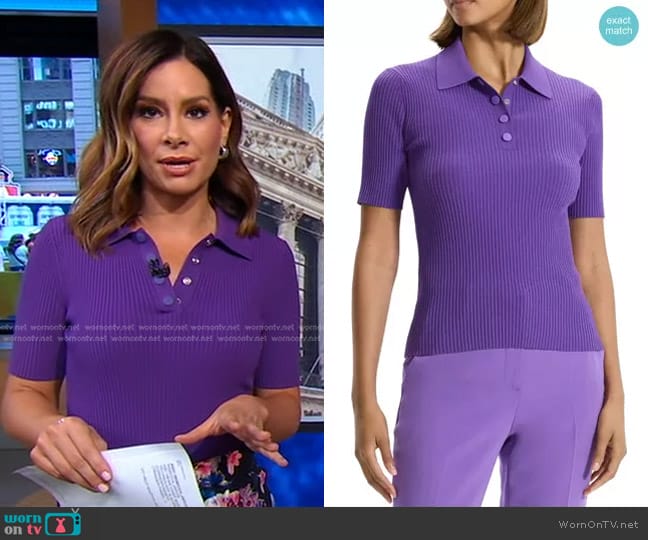 Theory Rib Sweater Polo in Bright Peony worn by Rebecca Jarvis on Good Morning America