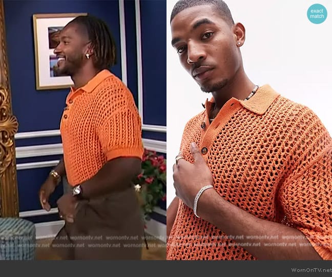 Topman Open crochet knit polo in coral worn by Scott Evans on Access Hollywood