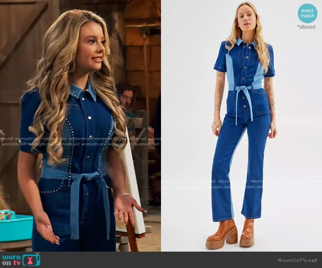 Urban Outfitters Isa Denim Colorblock Jumpsuit worn by Destiny Baker (Mallory James Mahoney) on Bunkd