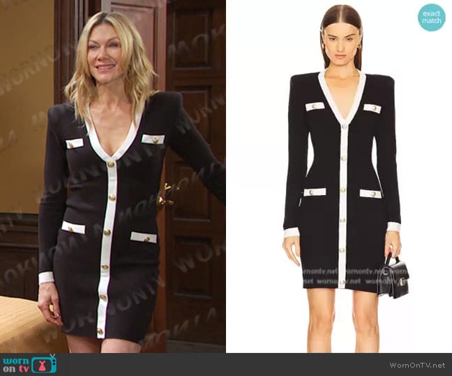 L'Agence Uzma Knit V-Neck Mini Bodycon Dress worn by Kristen DiMera (Stacy Haiduk) on Days of our Lives