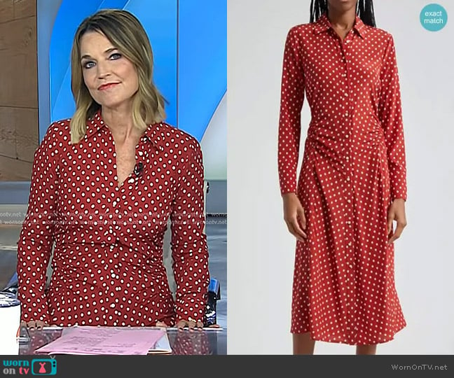 Veronica Beard Lex Polka Dot Shirtdress in Brick Red/ Ecru worn by Savannah Guthrie on Today