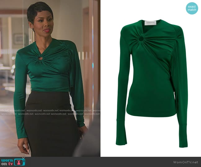 Victoria Beckham Gathered Circle Detail Top in Viridian worn by Jax Stewart (Emayatzy Corinealdi) on Reasonable Doubt