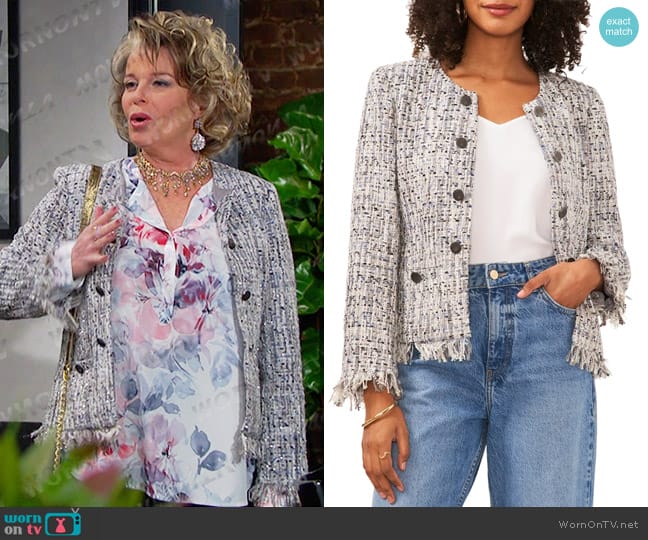 Vince Camuto Boucle Tweed Frayed-Trim Jacket worn by Bonnie Lockhart (Judi Evans) on Days of our Lives