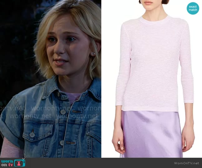 Vince Micro Stripe Crewneck Top in Off White/Verbena worn by Lucy Romalotti (Lily Brooks O’ Briant) on The Young and the Restless